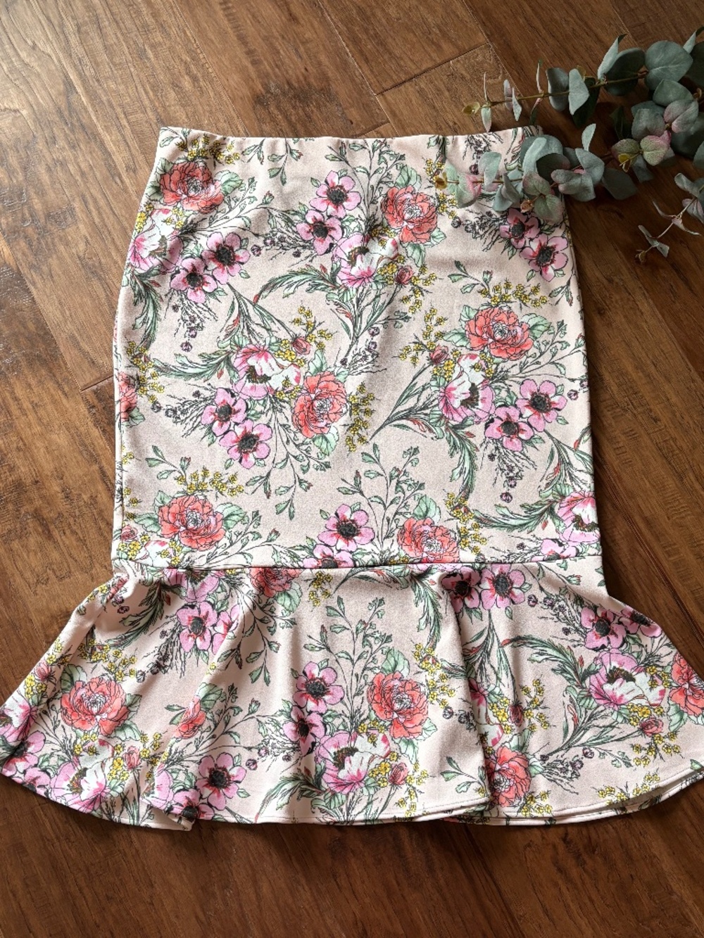 Messini Pink Floral Trumpet Style Elastic Waist Midi Skirt Women's Size XL